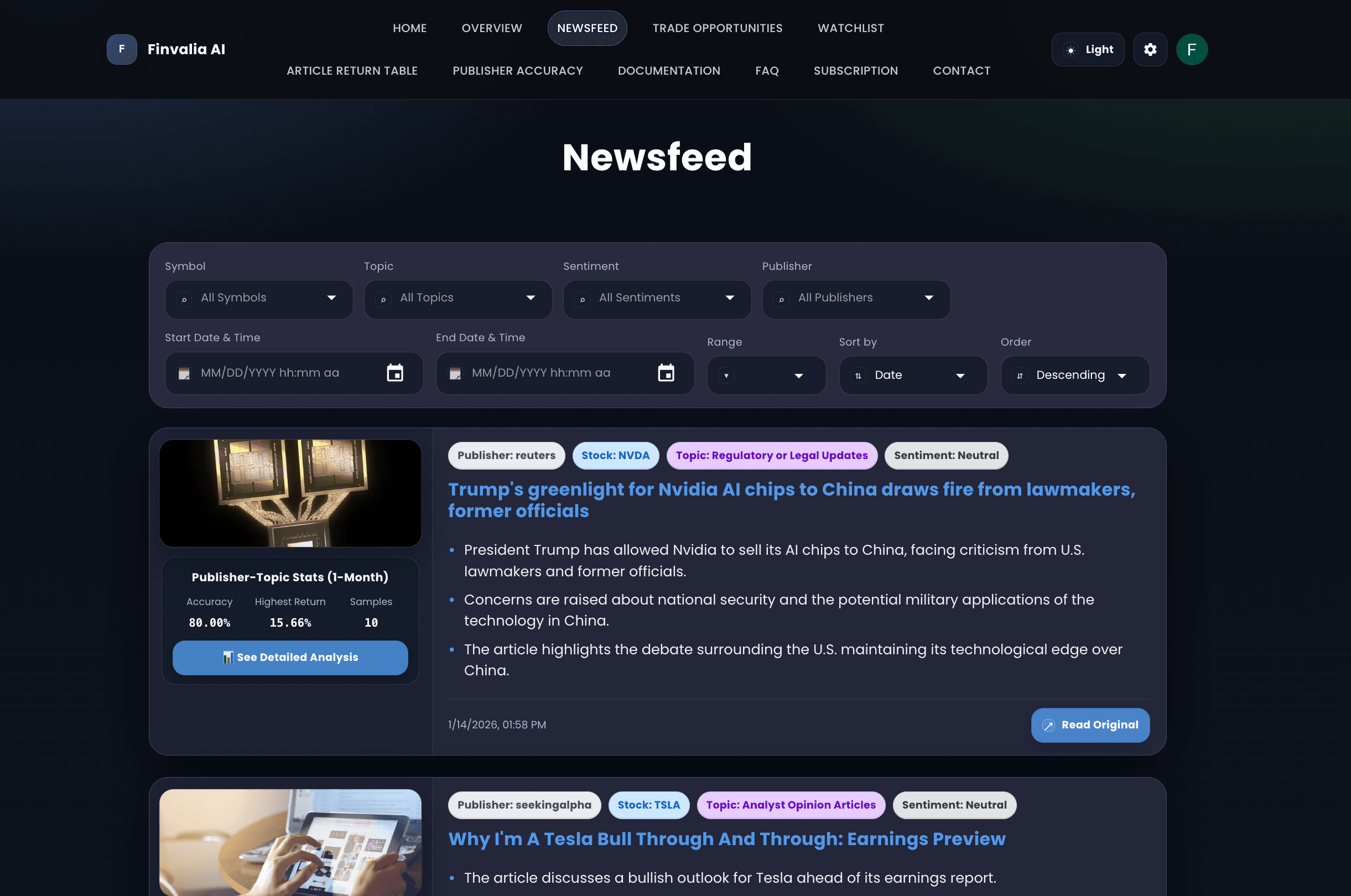 Finvalia Newsfeed preview (dark mode)